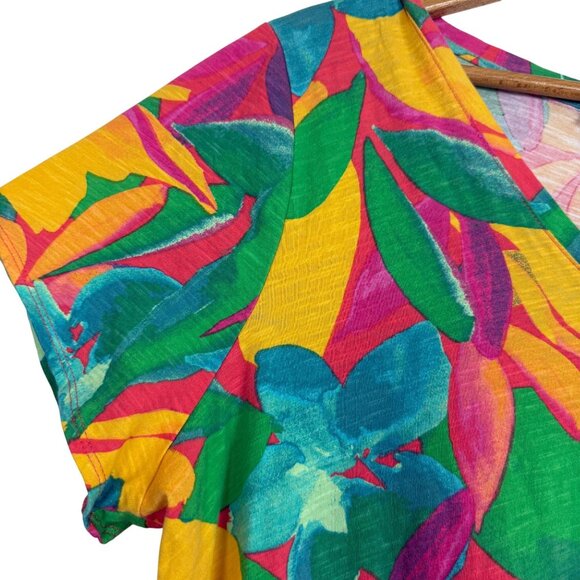 Tahari Womens Multicolor Tropical Print Top Size 2X V-Neck Short Sleeve Cotton - Picture 4 of 9
